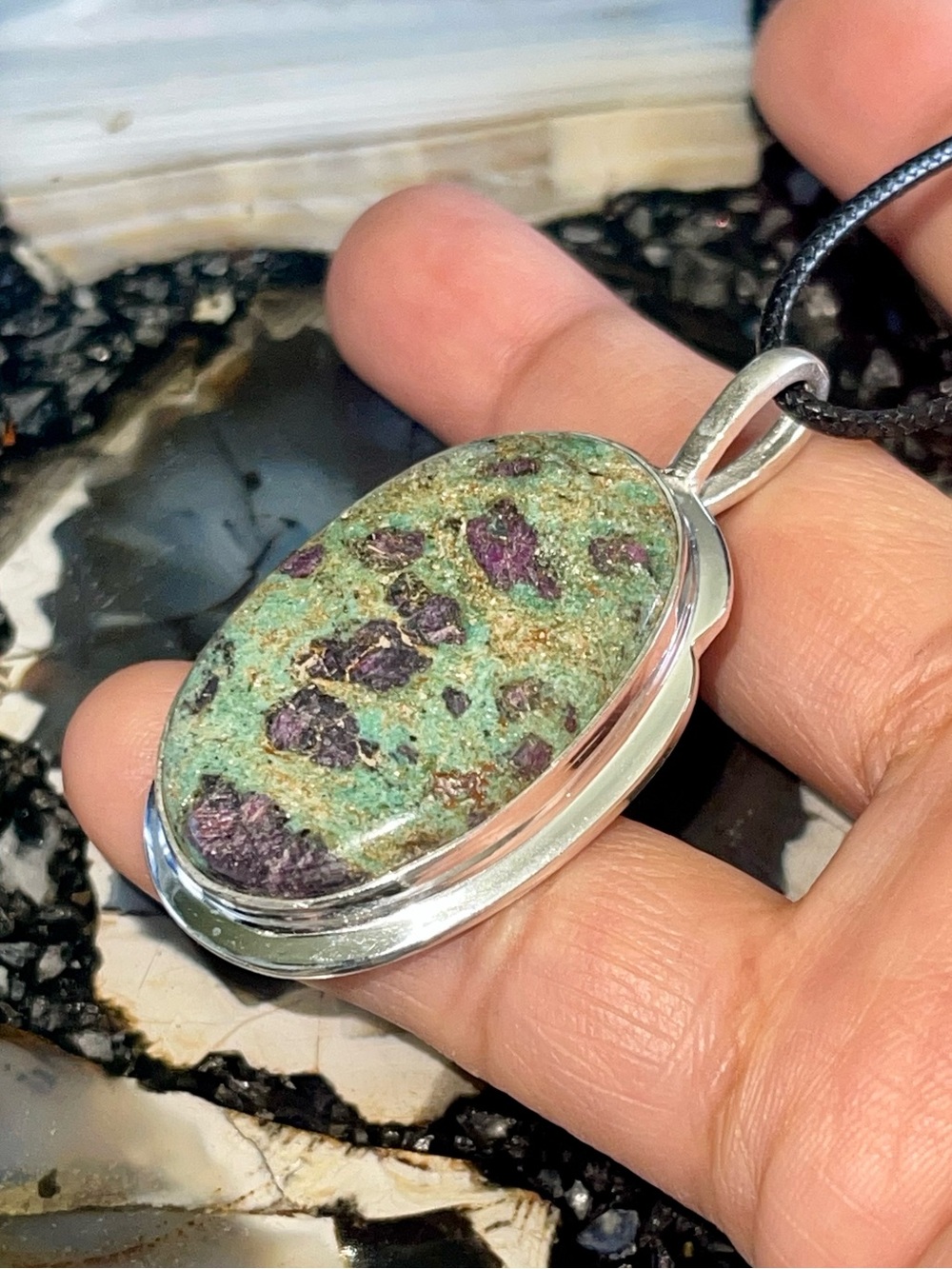 Dainty Ruby Fuchsite Crystal Pendant 2”